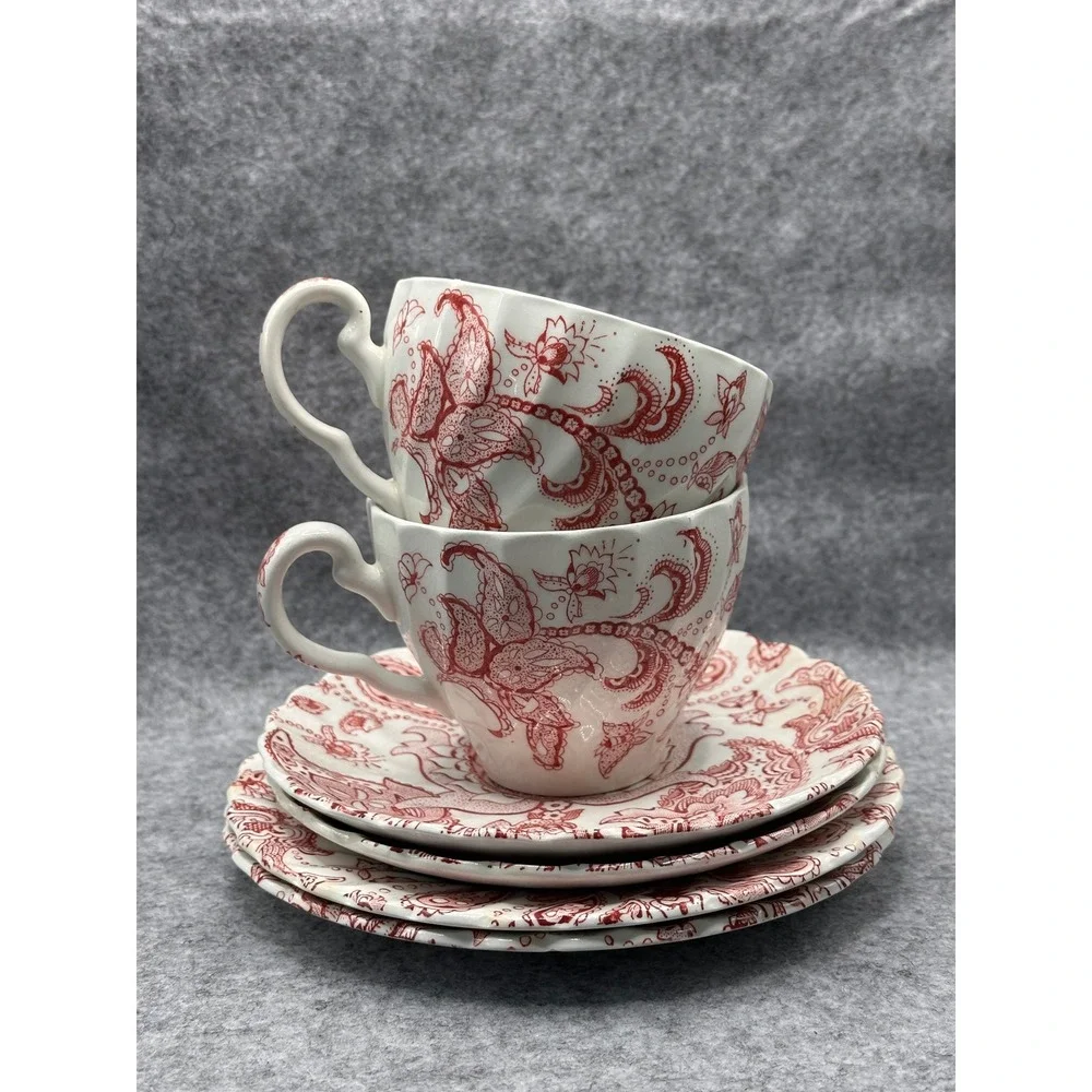 Johnson Bros Paisley Red Transferware Ironstone Tea Cups and Saucers Set of 5